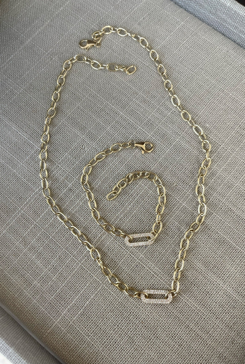 Gold Link Chain with Double Row Diamond Link Bracelet