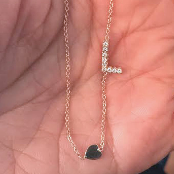 Asymmetrical Diamond Initial and Heart Necklace