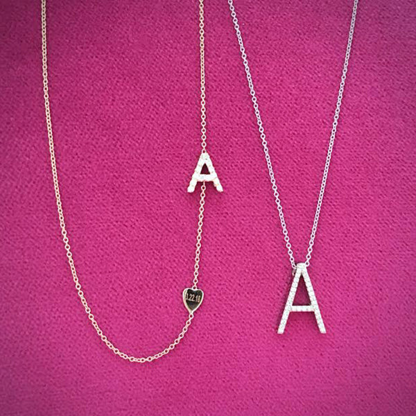 Asymmetrical Diamond Initial and Heart Necklace