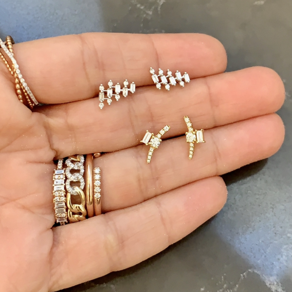 Curved Round & Baguette Diamond Bar Earrings