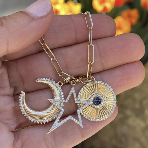Textured Gold and Diamond Crescent Moon Charm