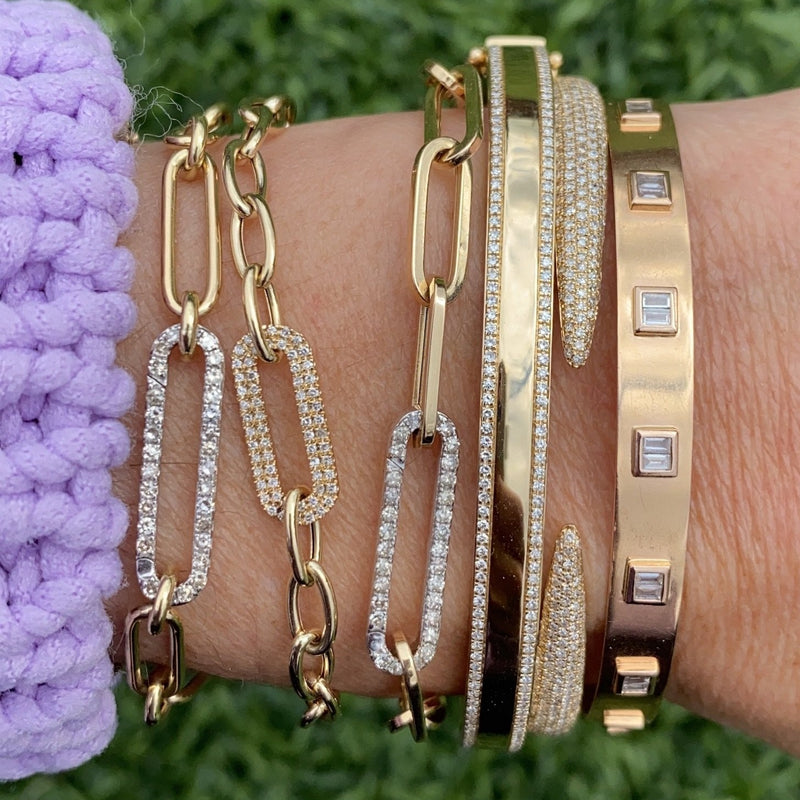 Gold Link Chain with Double Row Diamond Link Bracelet